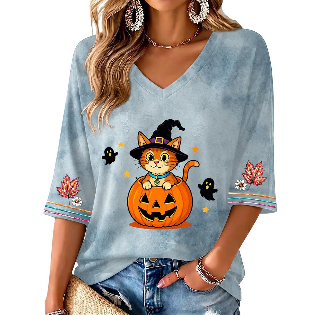 Women's V-Neck Three-Quarter Sleeve Casual Halloween Print Top for Fall Parties