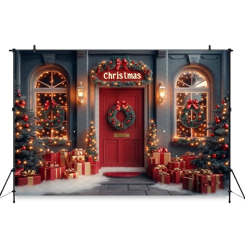 Mocsicka Christmas Photography Backgrounds Xmas Tree Decor Family Festival Party Photo Backdrops Winter Snow Door Pattern Banner