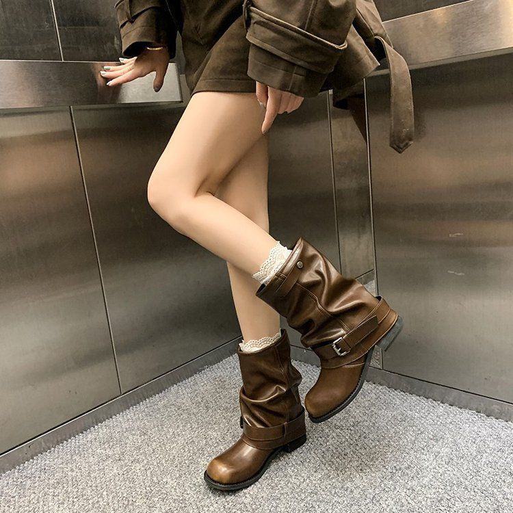 Korean version of western jeans tube short boots women's pleated pile black polished round head retro casual knight Martin boots women