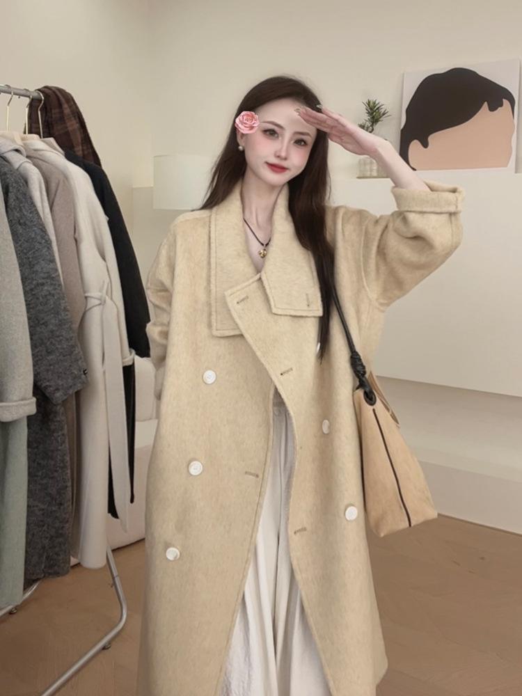 

Autumn and winter new long-haired stand-up collar double-sided wool coat for women s loose high-end long wool coat for women M