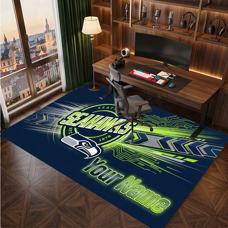 Seattle Seahawks Personalized Crystal Velvet Carpet, Customized Name Text Soft Anti‑Slip Rug for Living Room Bedroom