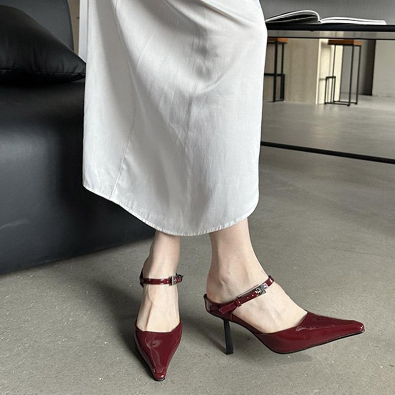 

2025 spring and summer new style pointed head simple and fashionable one-word buckle bag head empty high-heeled sandals 40 бордовый