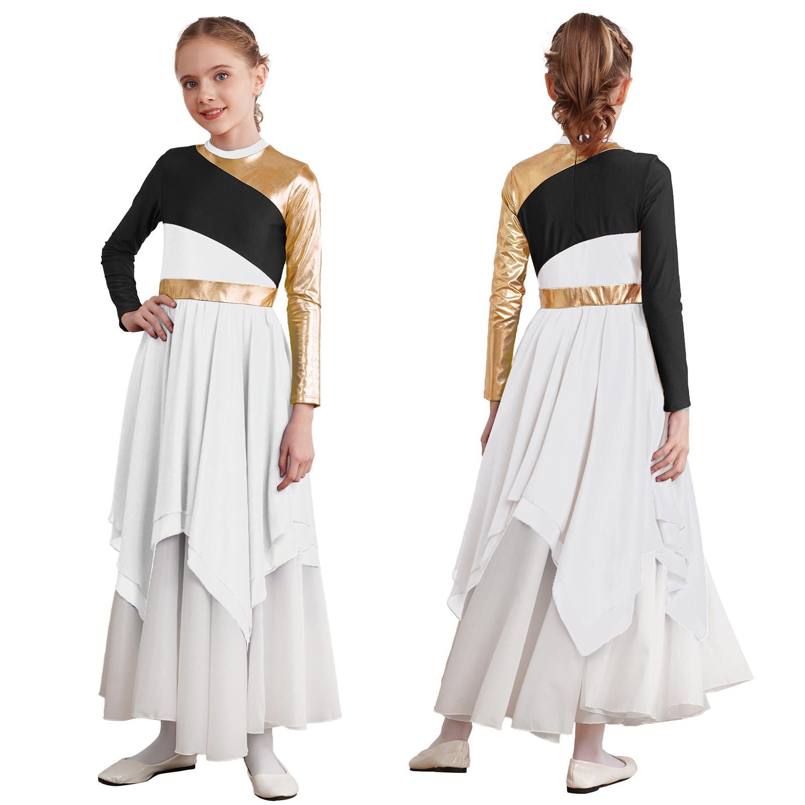 

Детское блестящее металлизированное платье-туника с длинными рукавами для девочек, асимметричное платье-туника, лирический костюм для современного танца 5-6 Years