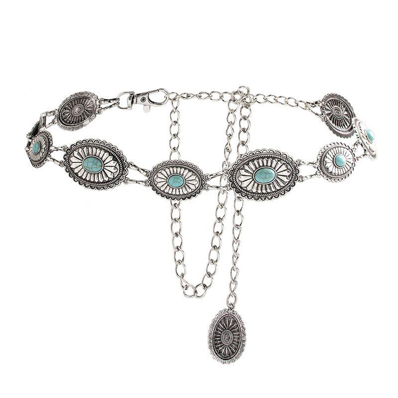 Turquoise Retro Green Metal Waist Chain For Women With Elegant Design And Buckle Hook