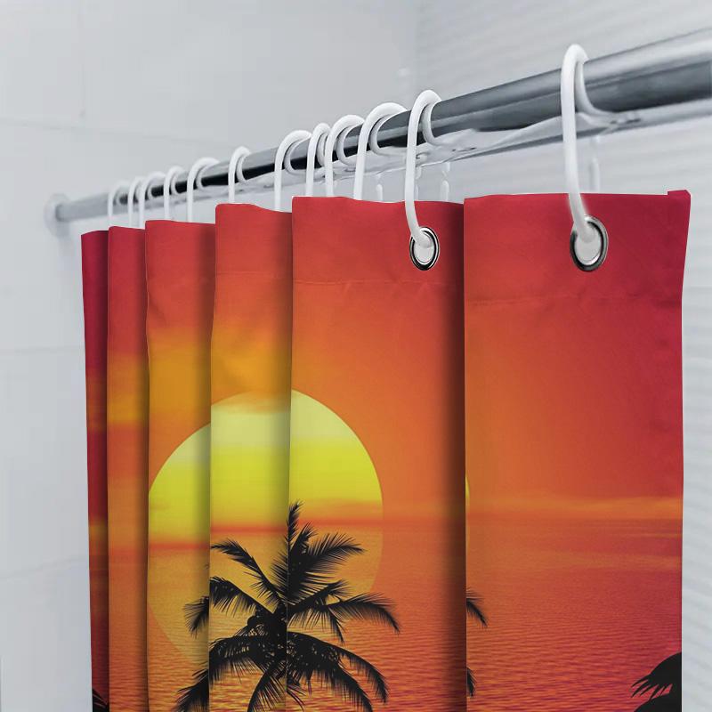 Sunset Palm Tree Shower Curtain Waterproof Bath Decor Fabric Printing Home Decoration Supplies Multicolor Sunset Scene With Silh