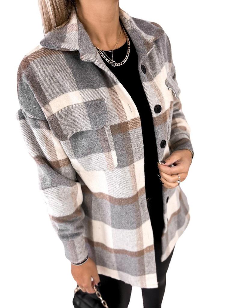 2021 Plaid Print Long Sleeve Woolen Coat with Shirt Collar