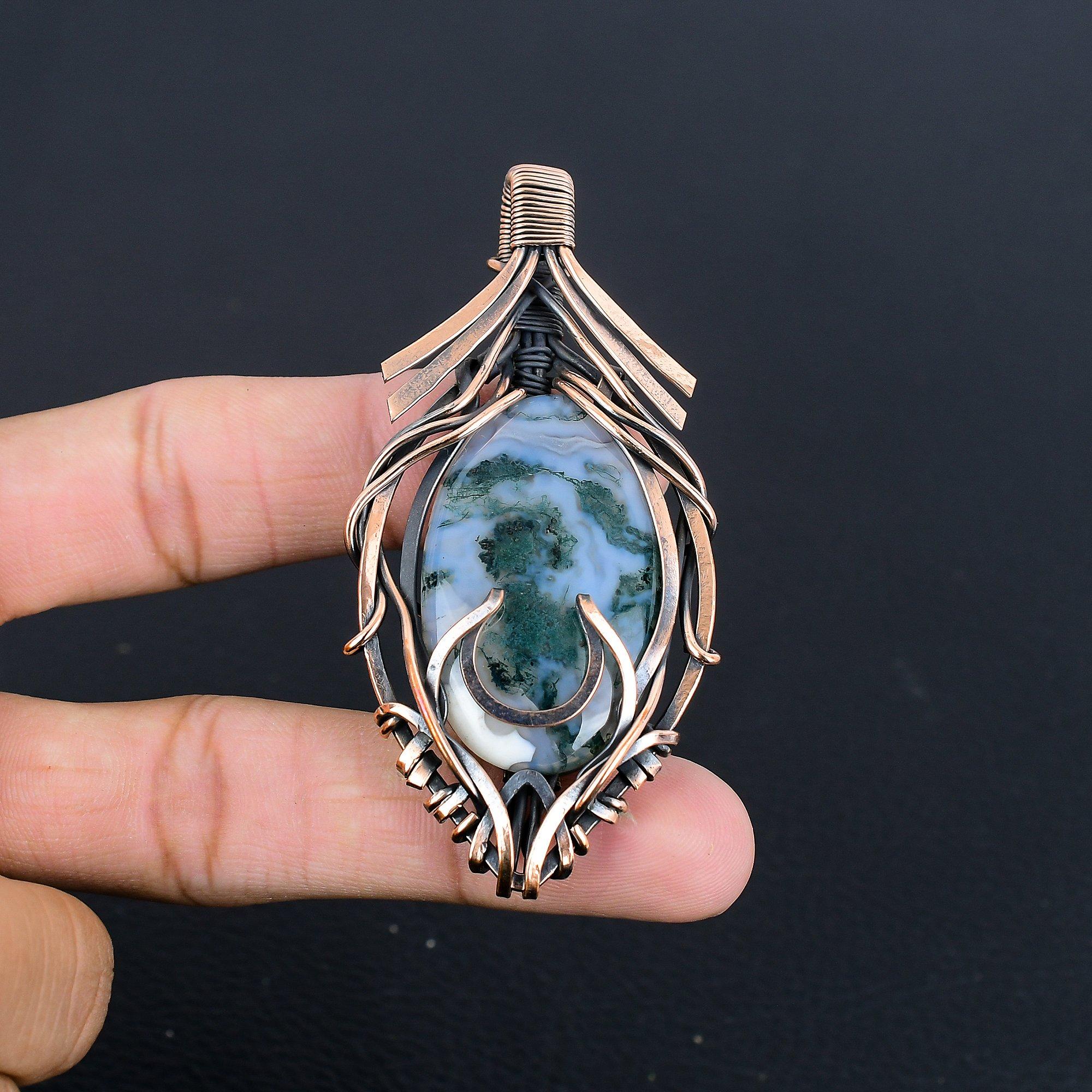 

Кулон из мохового агата, Ювелирное изделие из драгоценного камня Кулон, обернутый медной проволокой 999 пробы, Подарок для женщин Кулон ручной работы 2.55 Inches