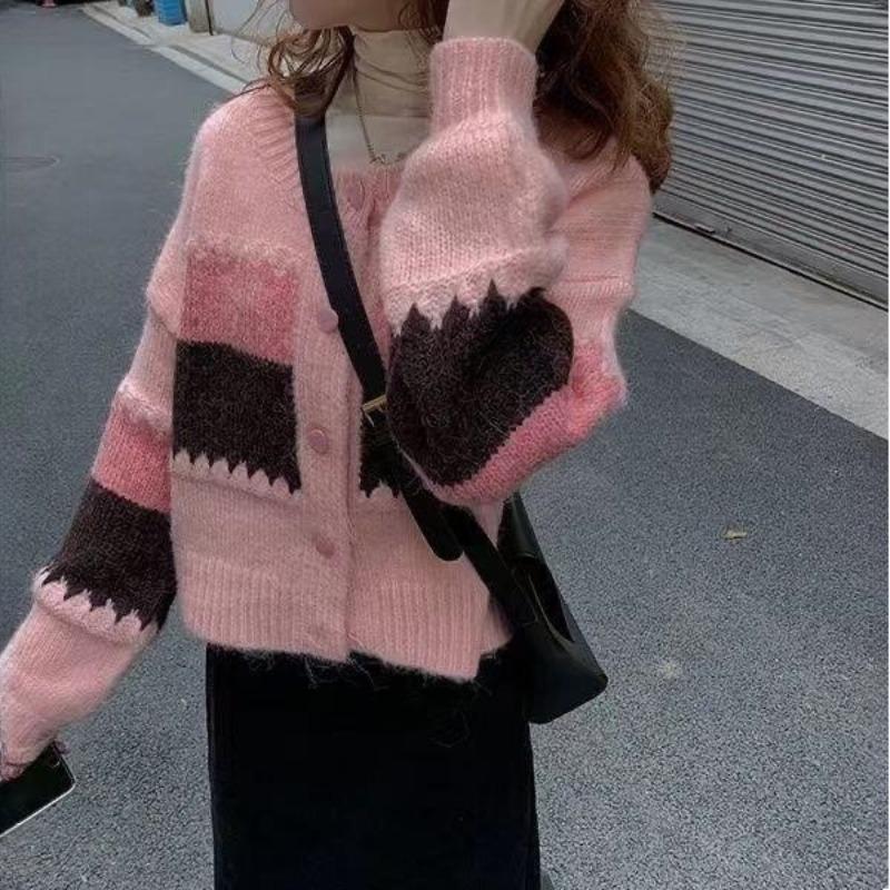 Spring Autumn Winter Korean-Style Knit Cardigan: Women's Fashion Color-Block Striped Short Outer-Wear Sweater