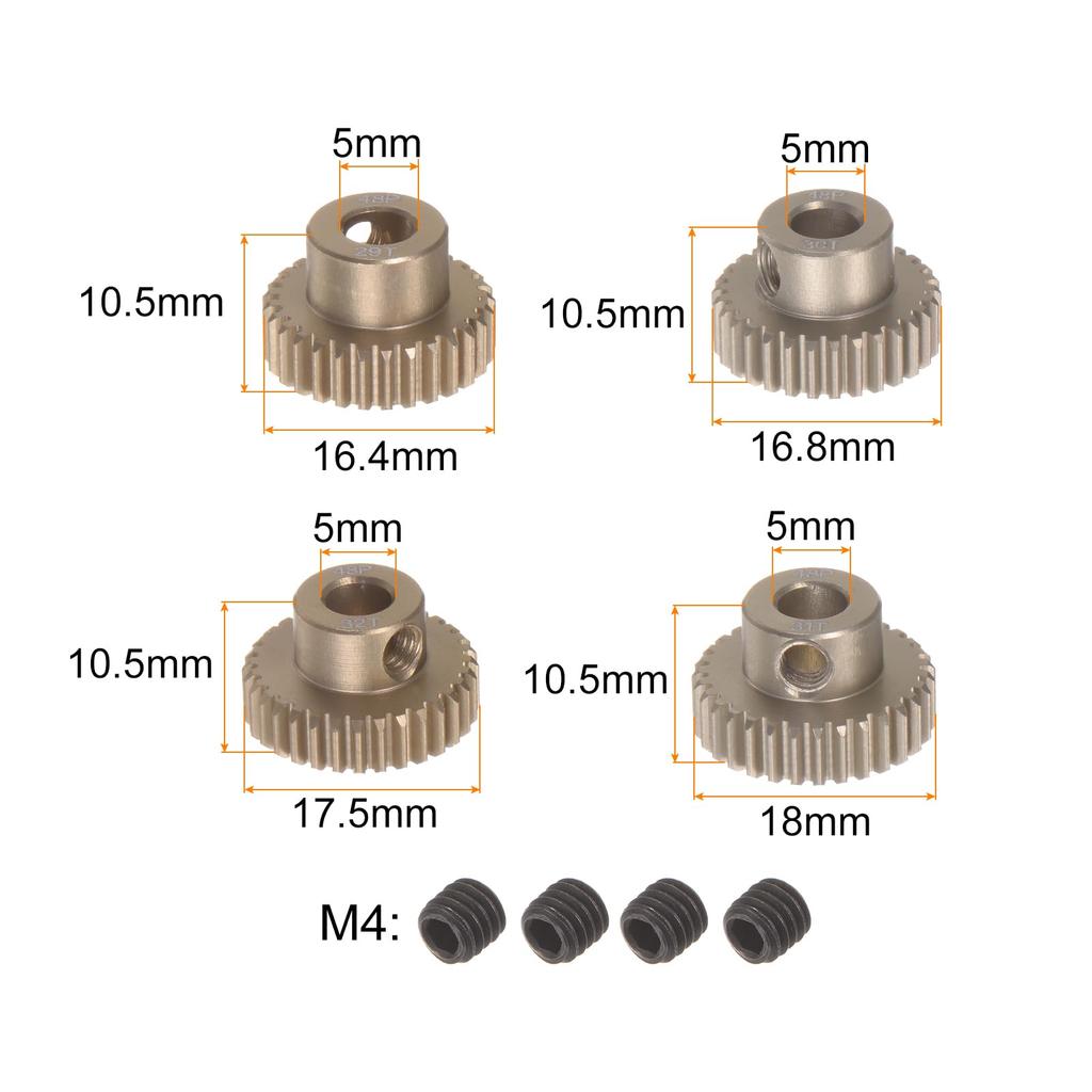 uxcell 48P Pinion Gear Set with 3.175mm (18") Shaft, 29T, 30T, 31T, 32T Aluminum Alloy Motor Gears for 110 RC Car (4 Pieces)
