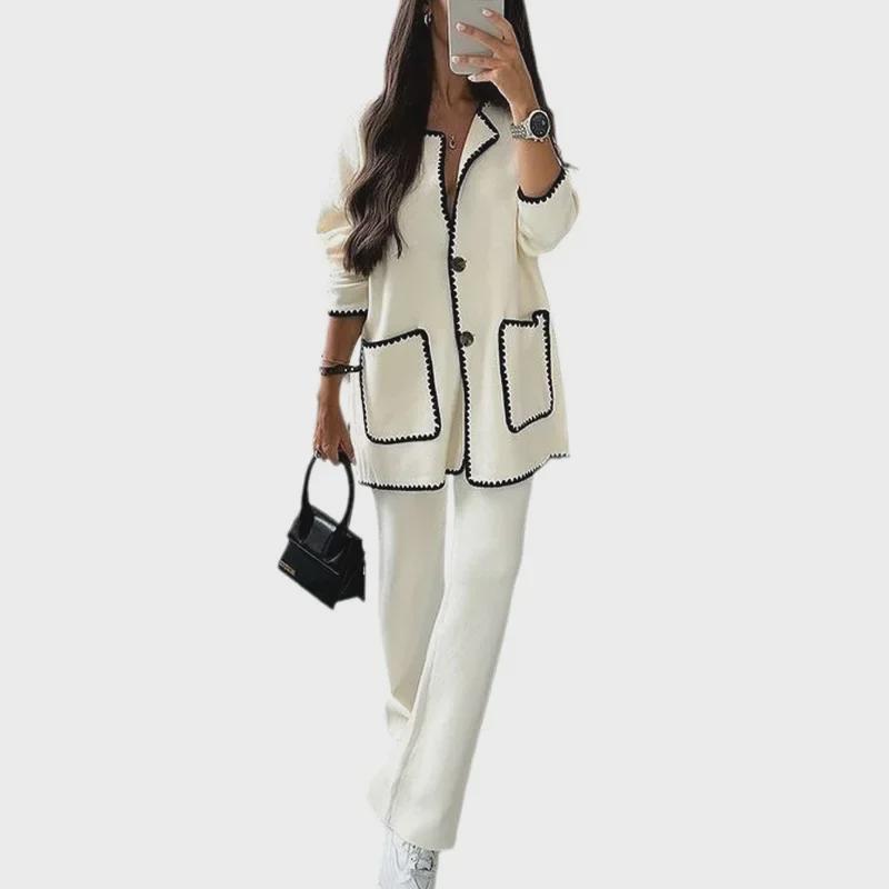 2024 Europäische und amerikanische Herbstmode für Damen, lässig, locker, einfarbig, zweiteiliger Anzug