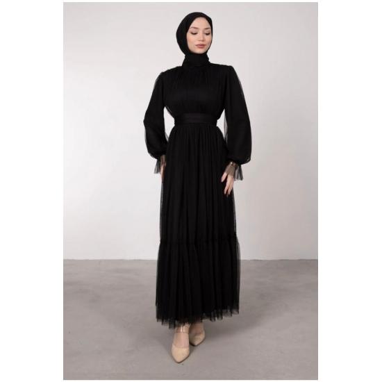 Rochie de seara de dama, lungime intreaga, cu curea, cu volane, din tul, hijab