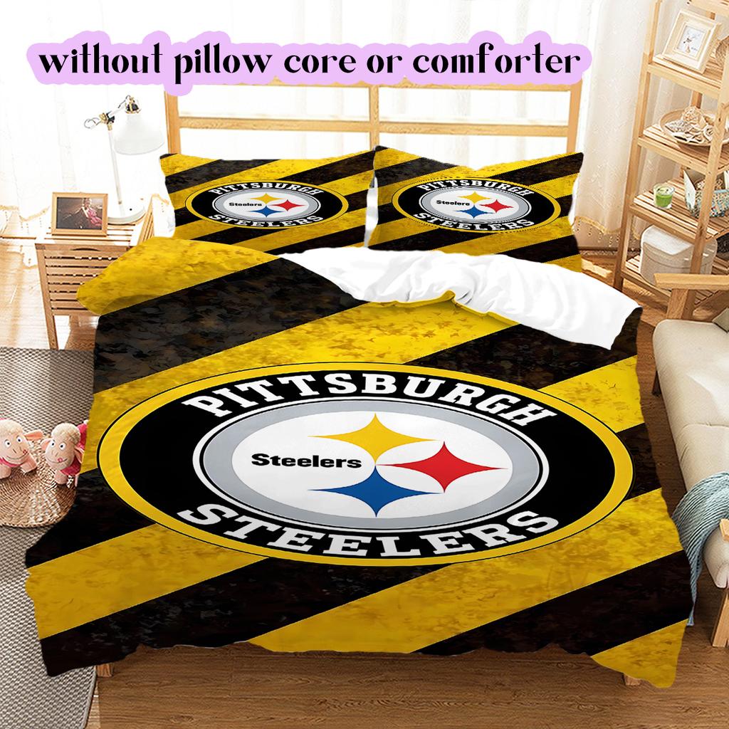 Pittsburgh Steelers Vzorovaná Sada Povlečení Prošívaná Přikrývka Povlak na Polštář Domácí Dekorace Narozeninový Dárek (1 * povlak na peřinu + 2 * povlak na polštář, bez jádra)