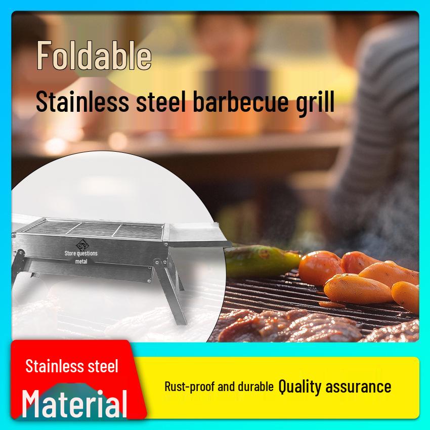 Heavy-Duty Stainless Steel Folding Charcoal BBQ Grill - Portable Outdoor Full Set