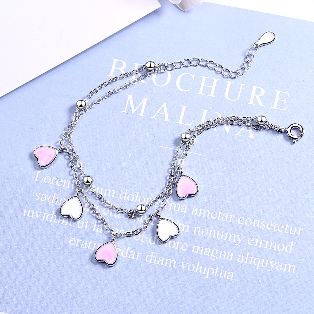 Sweet 925 Sterling Silver Pink Glaze Cherry Blossom Petals Gradient Heart Shaped Double Layer Chain Bracelets