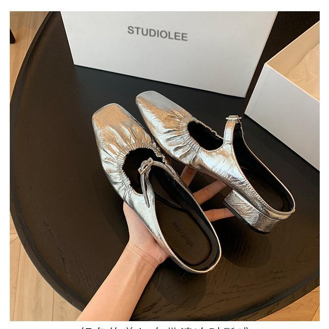 Silver French Leather Single Shoes Women's 2025 Summer New Muller Pleated Mary Jane Shoes Outer Bag Head Half Slippers