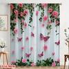 2PC Pink Rose Butterfly Striped Sheer Curtains - Romantic Garden Print Window Drapes for Bedroom Living Room Decor