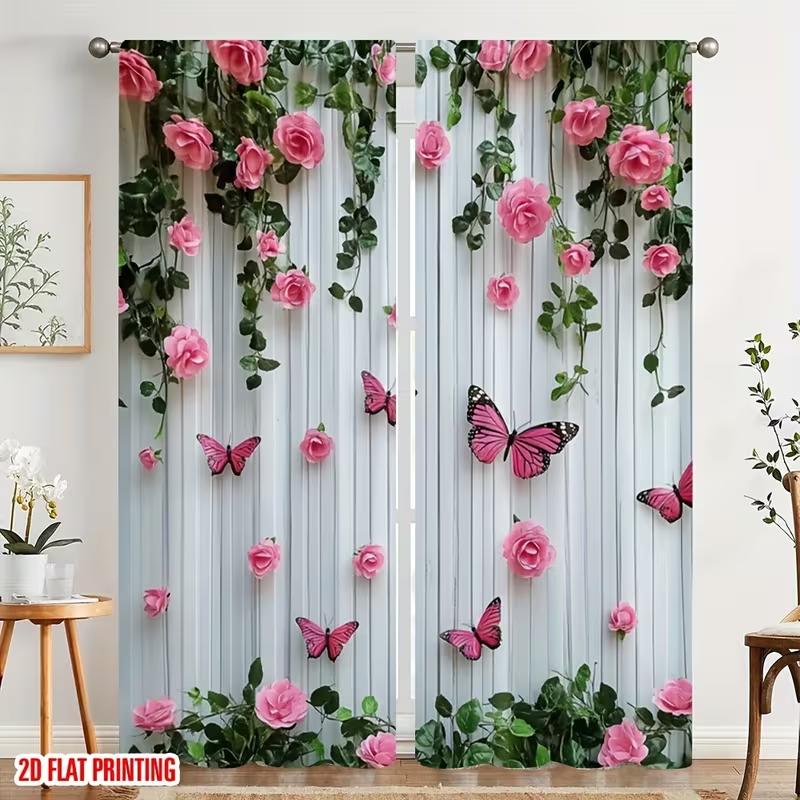2PC Pink Rose Butterfly Striped Sheer Curtains - Romantic Garden Print Window Drapes for Bedroom Living Room Decor