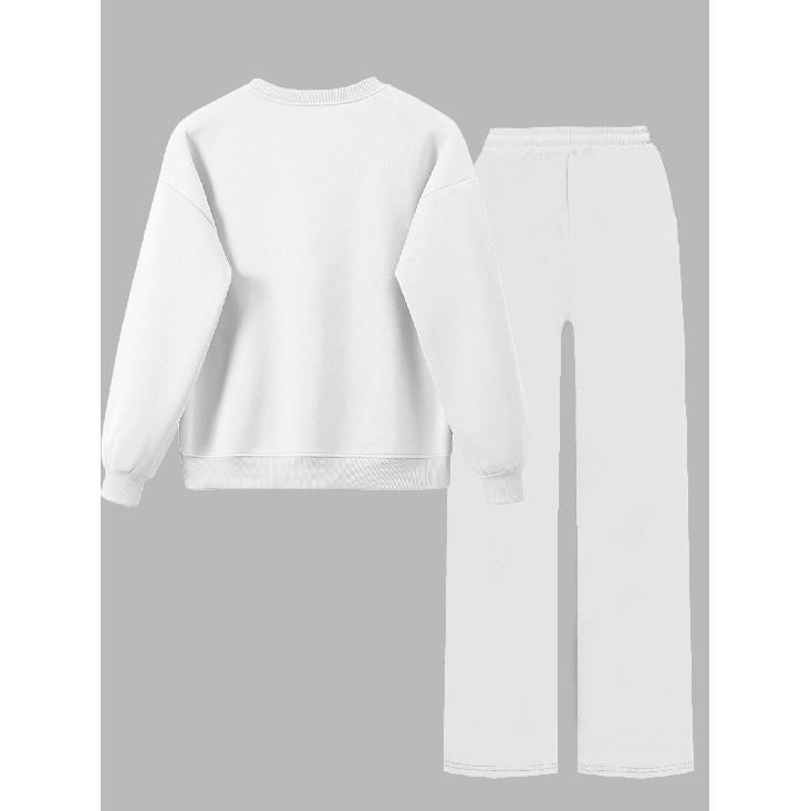 Damen Crewneck Sweatshirt & Hose mit Kordelzug, gerader Schnitt, 2-teiliges Set, bedrucktes lässiges Herbst-/Winter-Loungewear-Set
