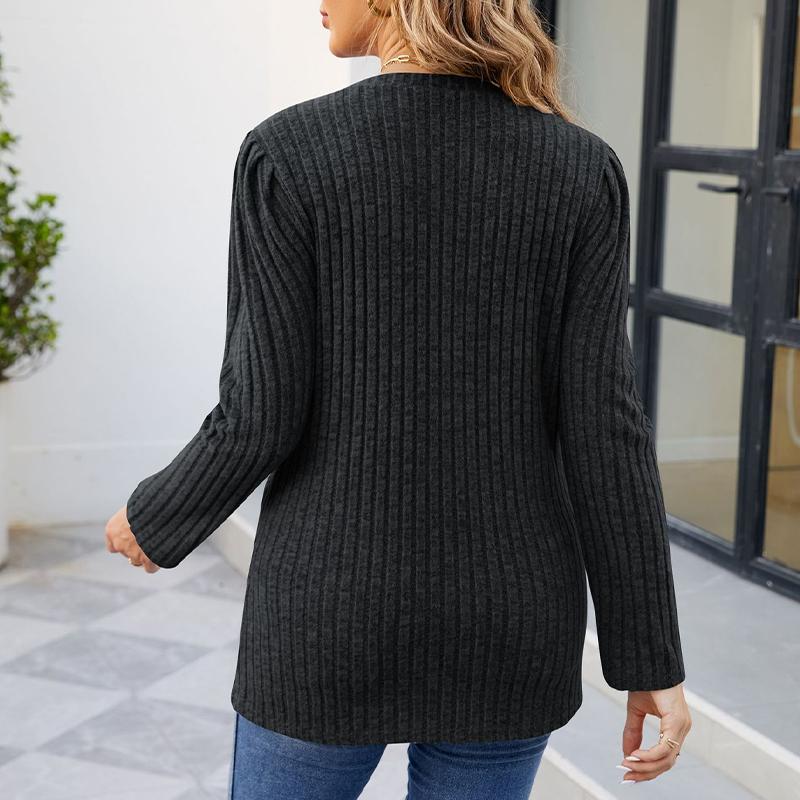 Damen-T-Shirt mit rundem Halsausschnitt, Puffärmeln, einfarbigem Oberteil und langen Ärmeln