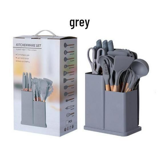 Spot Silicone Kitchen Utensil 19-Piece Non-Stick Set: Includes Spatulas, Spoons, Storage Bucket, and Knife Set.