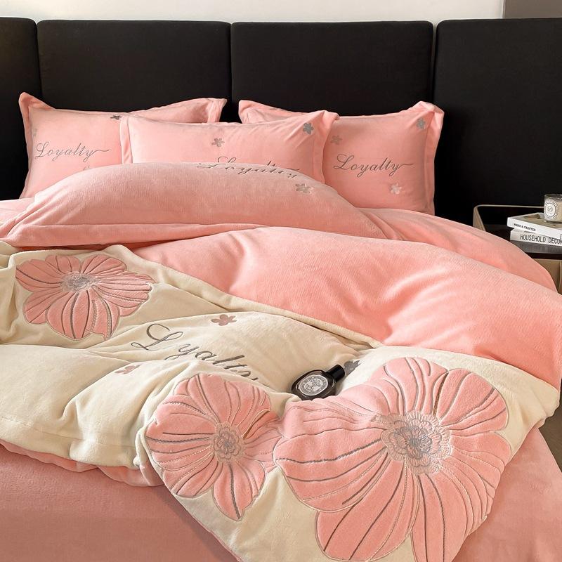 Four-piece Set of Embroidered Thickened Thermal Fleece Quilt Cover Sheets and Bedding