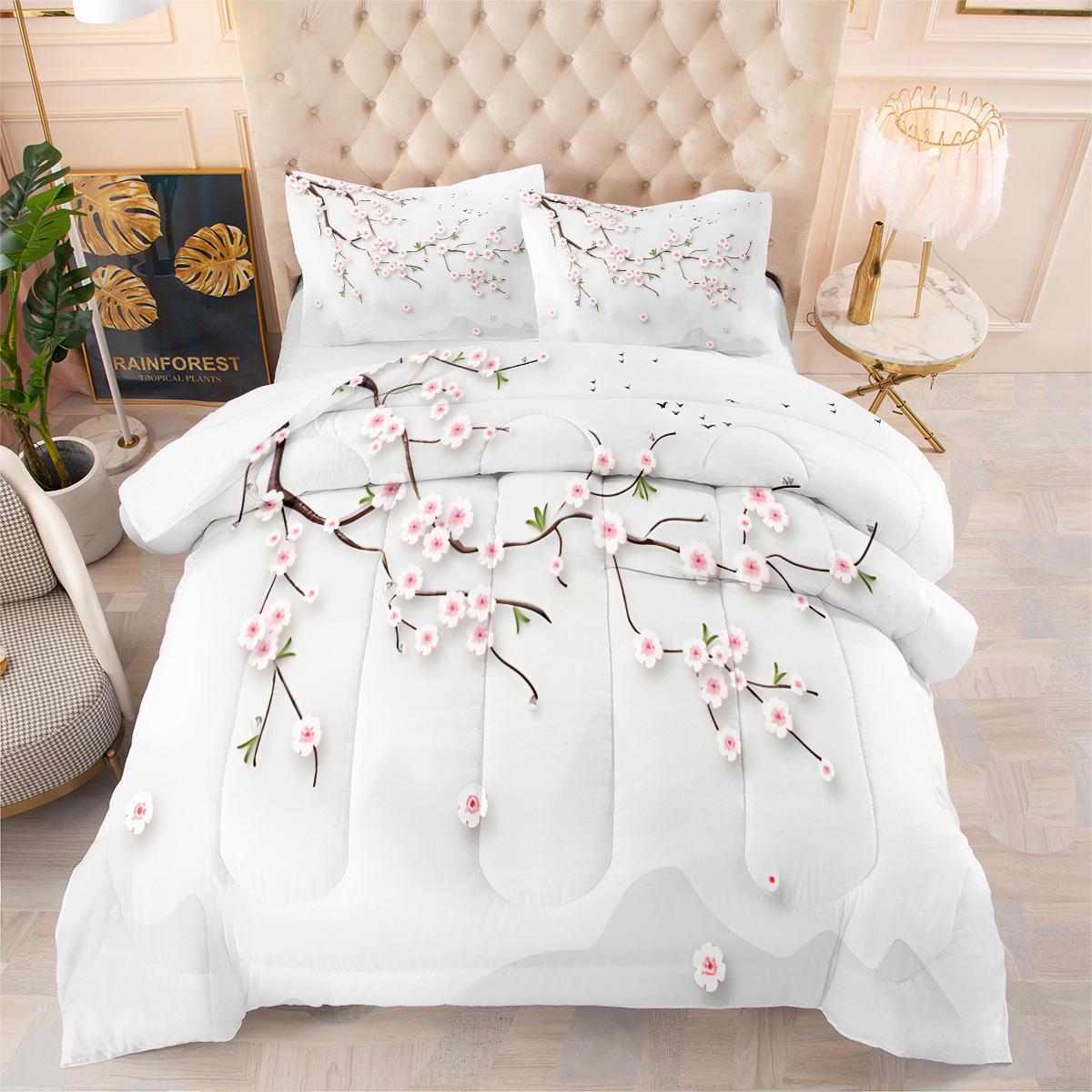 Peach Blossom Landscape Painting Fat Quilt Printing Quilt 3d Printing Bedding Feather Silk Cotton Thickened Quilt Cover Three-piece Set 140*200cm