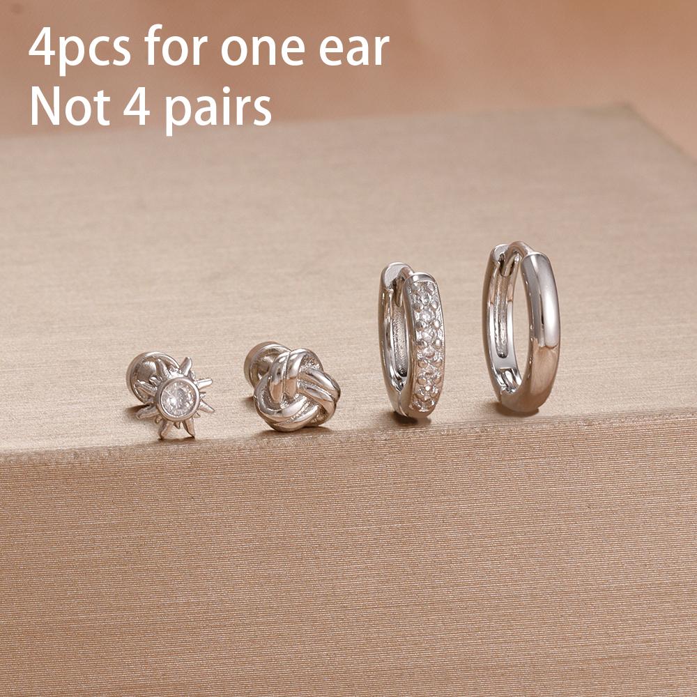 4 Stück Französisches Design Edelstahl Huggie Creolen Set Für Damen Anhänger Blumenkrone Zirkon Ohrstecker Piercing Schmuck