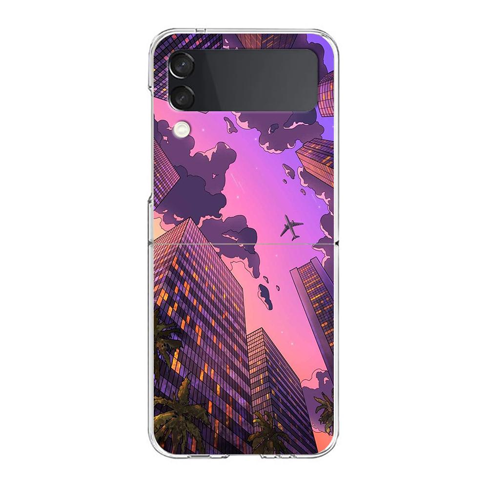 INS Korean Sunset Scenery Case For Samsung Galaxy Z Flip 3 4 5G Hard HD Folding PC Phone Cases For Samsung Z Flip3 Clear Cover