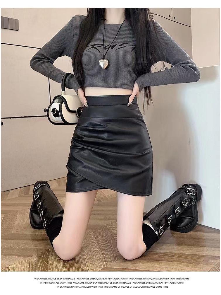 Women s High-Waisted Pleated PU Leather Midi Skirt: 2026 Autumn-Winter A-line Hip-Hugging Style M чёрный