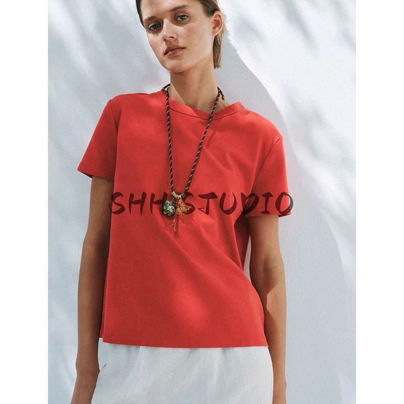 and Summer Women's Clothing French Simplicity Style Straight-leg Multi-Color Selection Double-Sided Cloth Silm Short Sleeve round Neck T-shirt 4174378