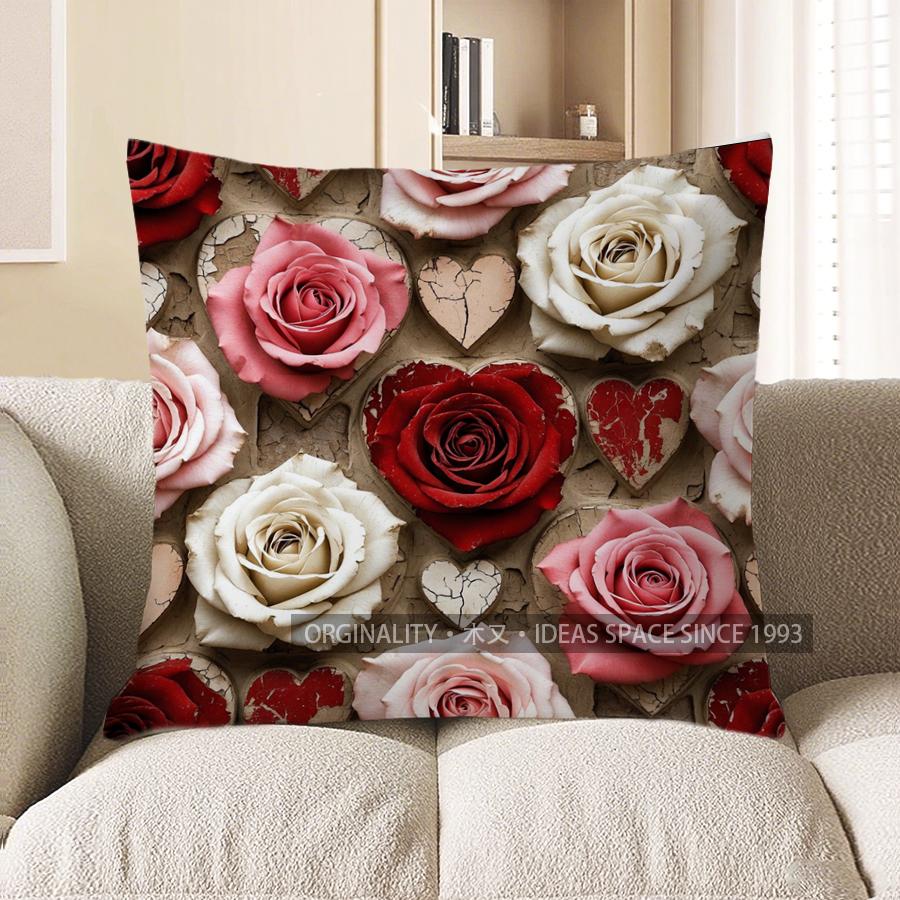 2D Roses & Hearts Decorative Digital Print Pillow Covers Pattern Cushion Cover Suitable For Sofa Bedroom Car Pillow Cover