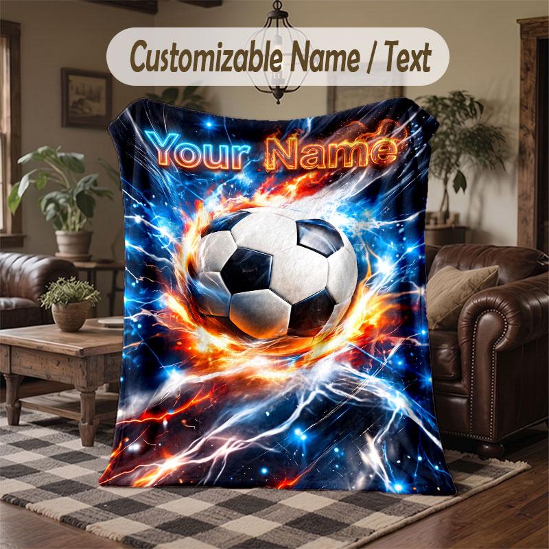 Soccer Theme Throw Blanket Custom Name Text Personalized Blanket Soft Cozy Blanket for Home Sofa Bed