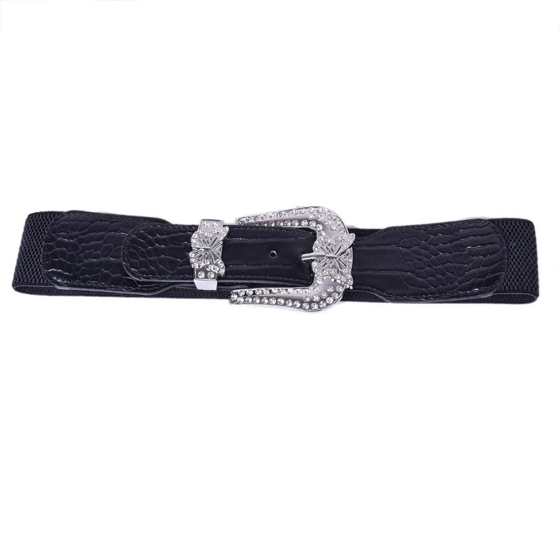 Rhinestones Waist Cincher Elegant Wide Chain for Dress Elastic PU Waistband Trendy Underbust Waist Chain Wide Belt