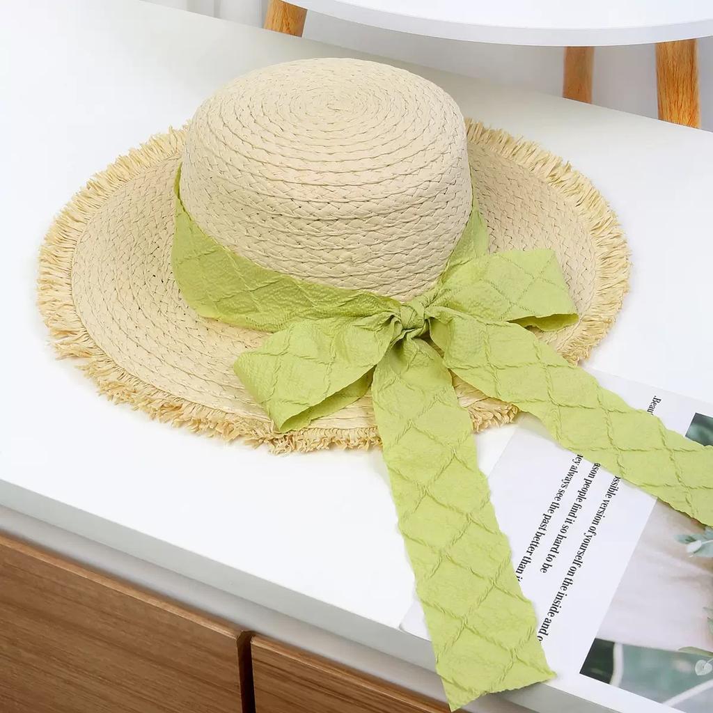 Summer streamer hat women's sunshade sunscreen hat bow straw straw hat seaside beach sun hat