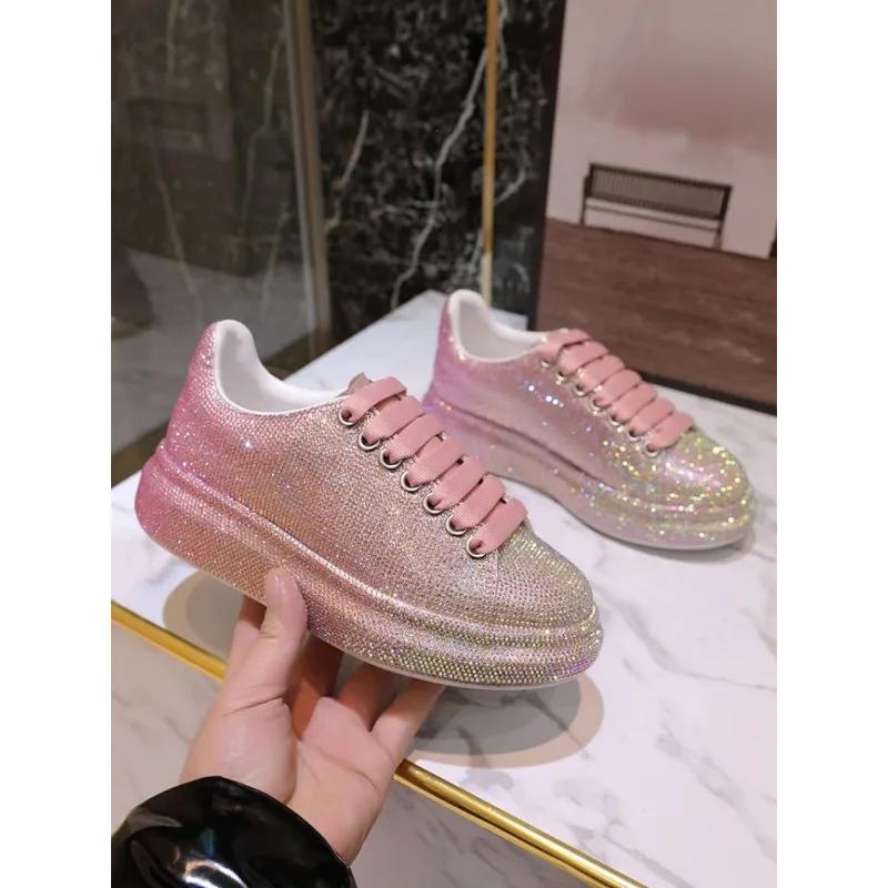 2024 Autumn Leather Women Shoes New Style Pink Platform Shoes Ins Platforms Sneakers Tide Shine Bling Rhinestone Shoes