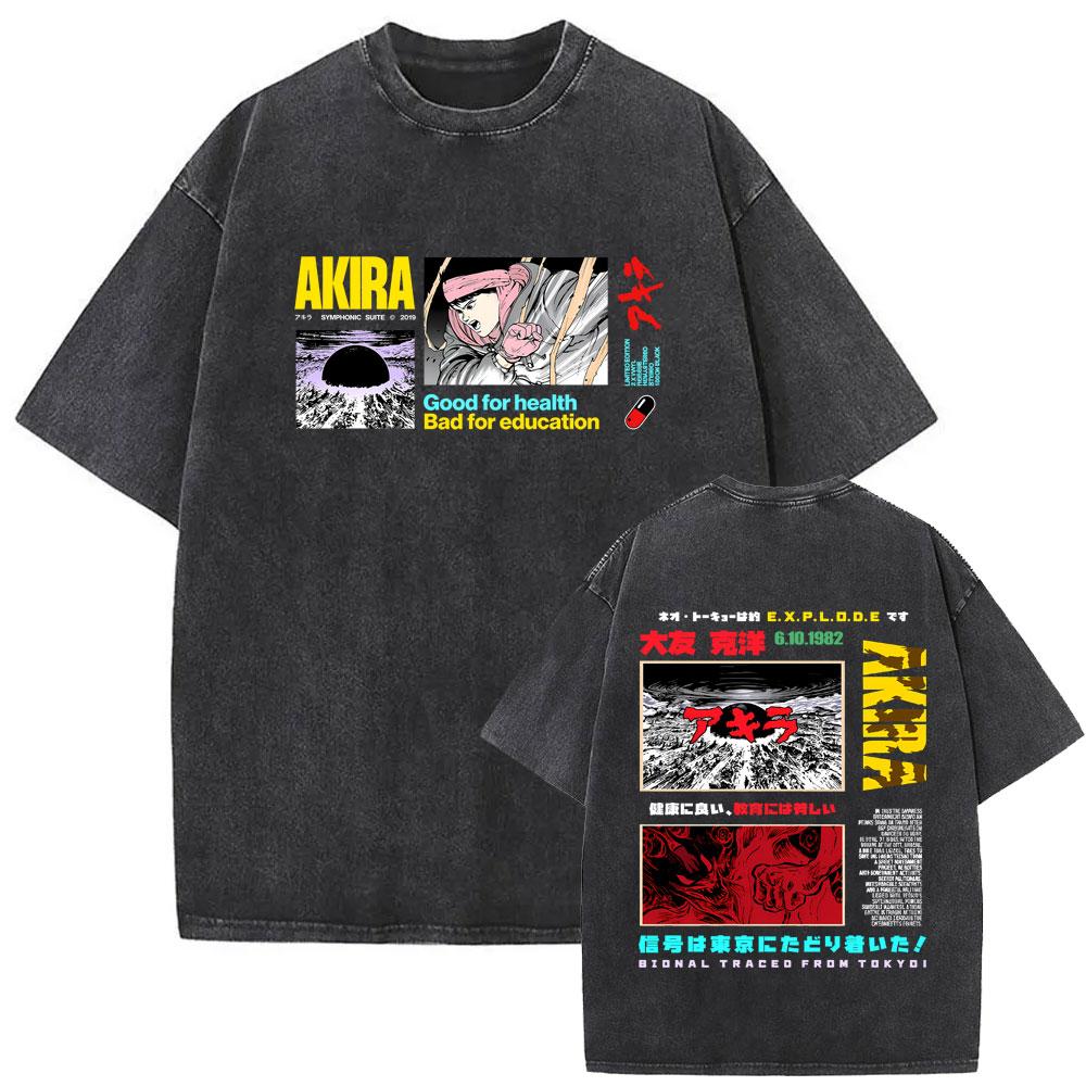 Washed Vintage Japanese Science Fiction Cartoon Movie Anime Akira Shotaro Kaneda Graphic T-shirt Men1891
