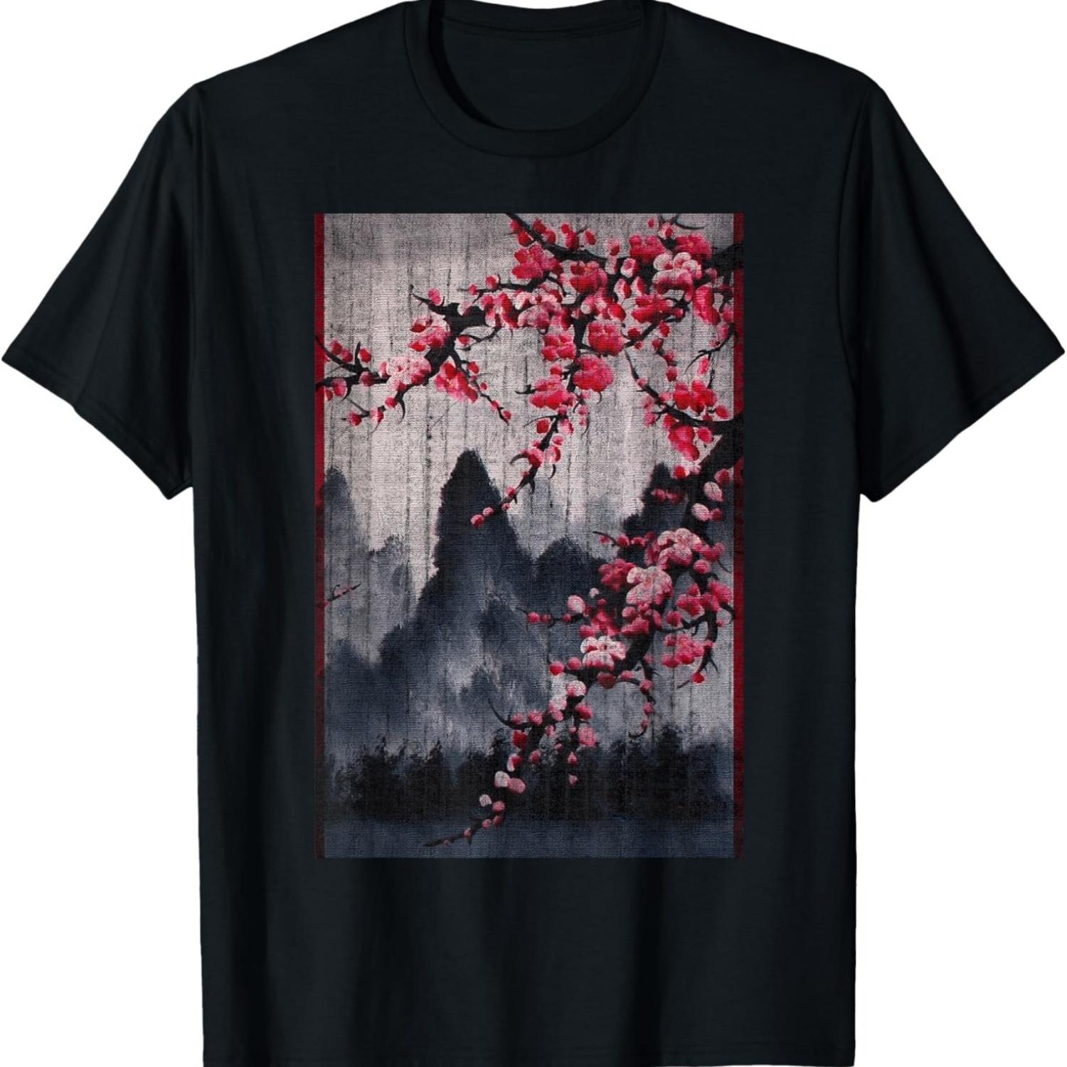Vintage Cherry Blossom Woodblock  Graphical Art T-Shirt S чёрный