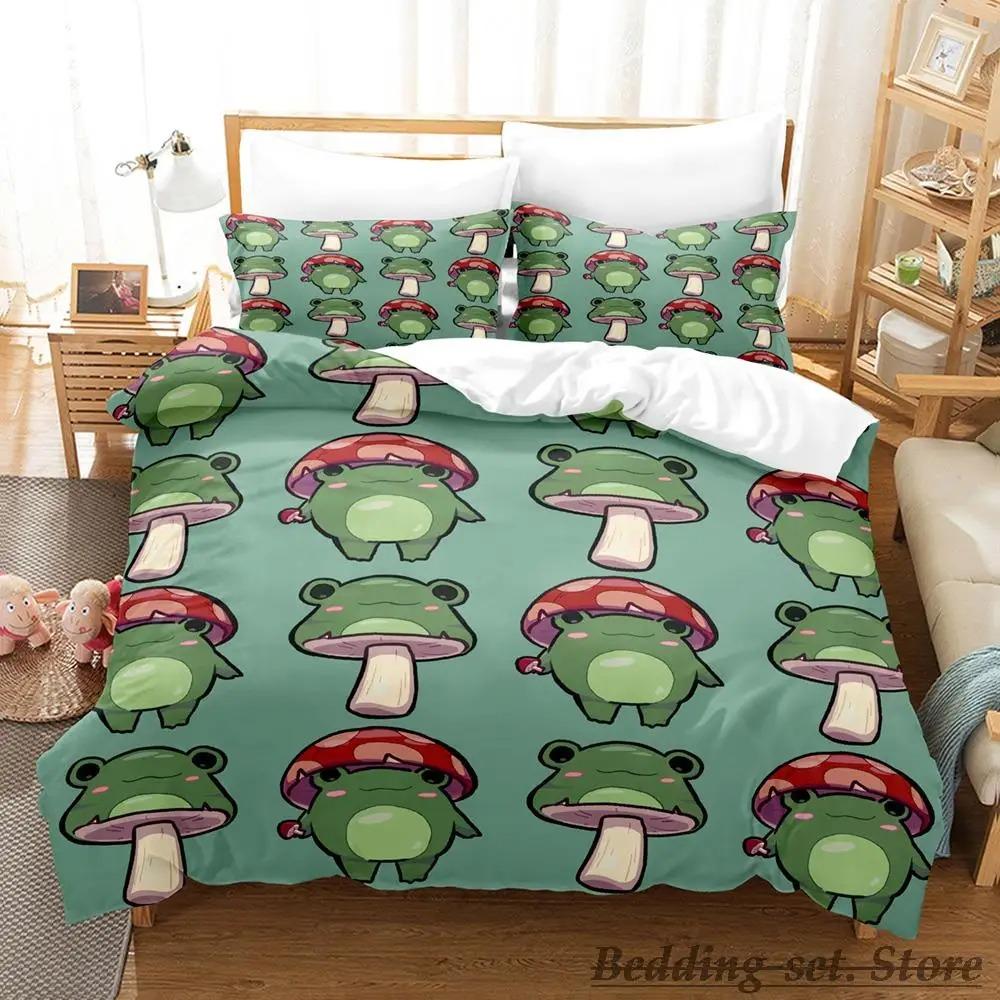 New Cottagecore Frog Mushroom Bedding Set Single Twin Full Queen King Size Bed Set Adult Kid Bedroom Duvetcover Sets Anime