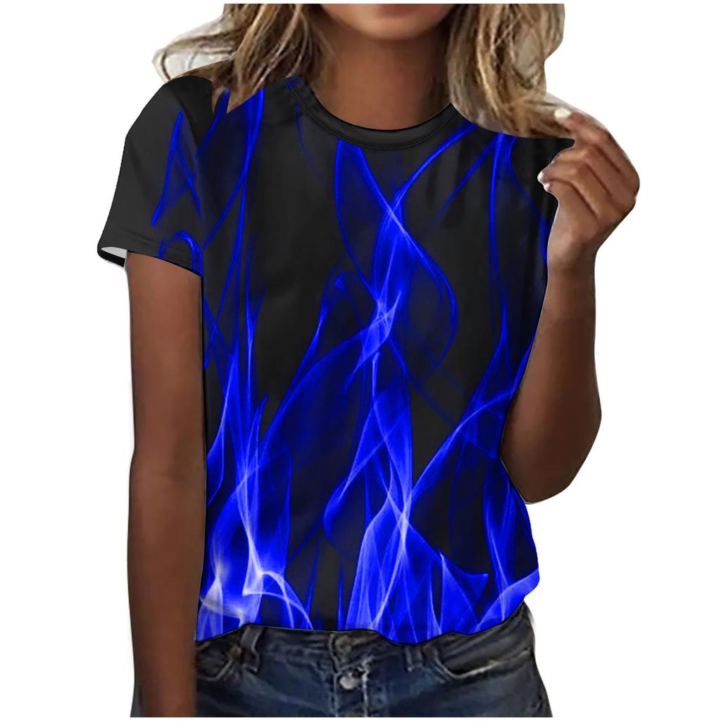 Summer Round Neck 3D Print Flame Pattern Top Fashionable Casual Short Sleeved Women's T-shirts