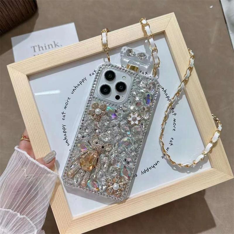 Luxury Fashion Perfume Bottle Rhinestone Phone Case For iPhone 15 14 13 12 11 Pro Max X XS XR XS Max 8 7 Plus Lanyard Shockproof Cover