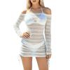 Women Mesh Long Sleeve Cover Up Bikini Set Three Piece Includes Sheer Off Shoulder Dress and Two Piece Swimsuit for Beach Pool Vacation