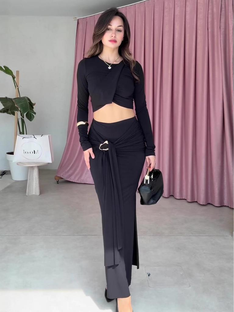 2025 Autumn Women's Round Neck Long Sleeve Top and Sexy Long Dress Set