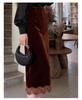 Rongtai Women's Textured Velour Embroidered Lace Hem Bodycon A-line Skirt 2026.