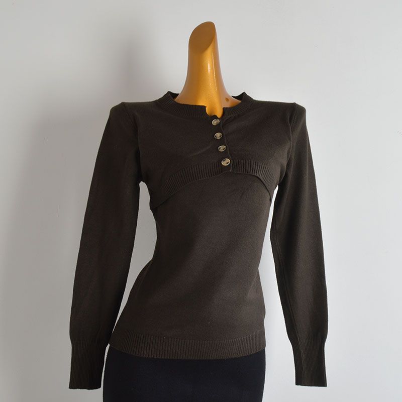 American Retro round Neck Breasted Fake Two Sexy Inspirational Cut Out Knitwear Women's Clothing Spring and Autumn Long Sleeve Top