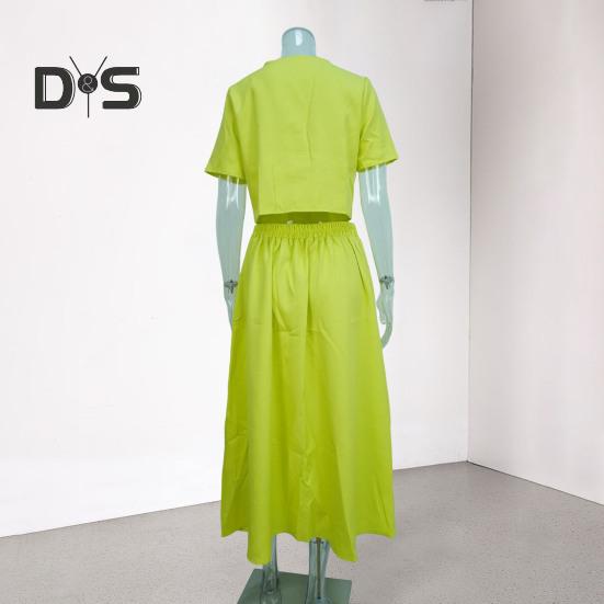 Women's Shirt And Skirt Solid Color O Neck Button Down Blouse Skirt with Pockets Summer Outfit for Office Business Occasions