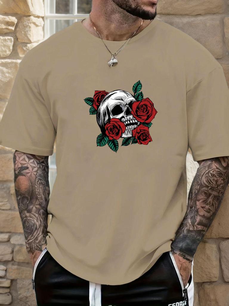 Mens Casual Tshirt Skull Rose Print Short Sleeve Round Neck Breathable Soft Oversized Edgy Daily Wear Tee