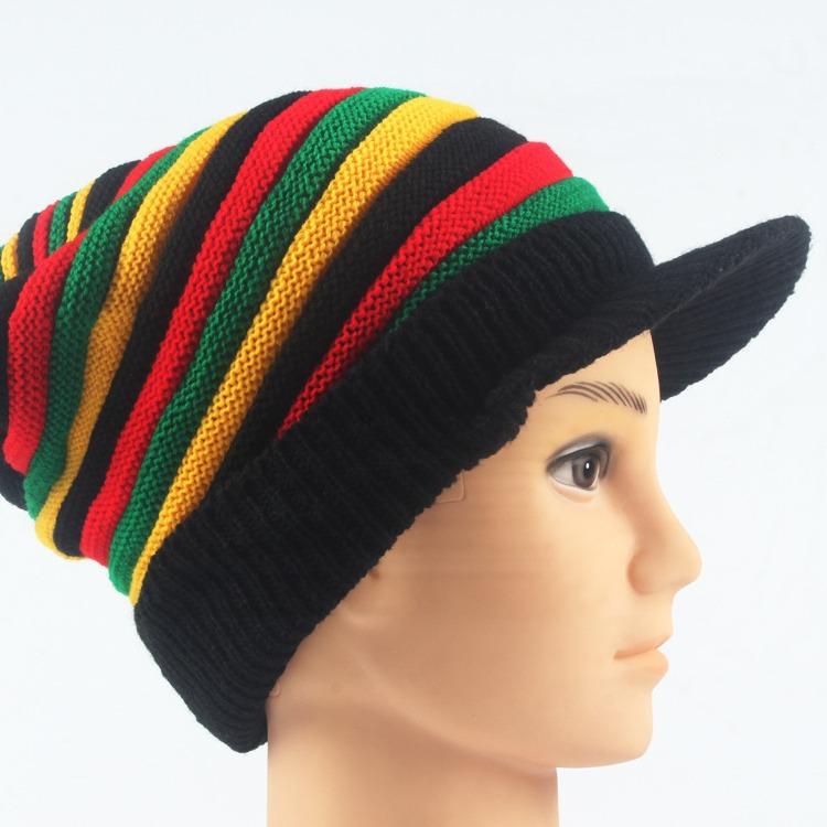 Popular warm Jamaican reggae beanie with brim, colorful striped long rainbow knitted pullover hat