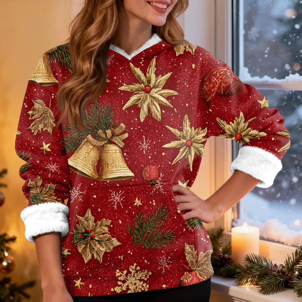 Women's Casual Fashion Plus Velvet Thickened Christmas Print Hooded Sweatshirt