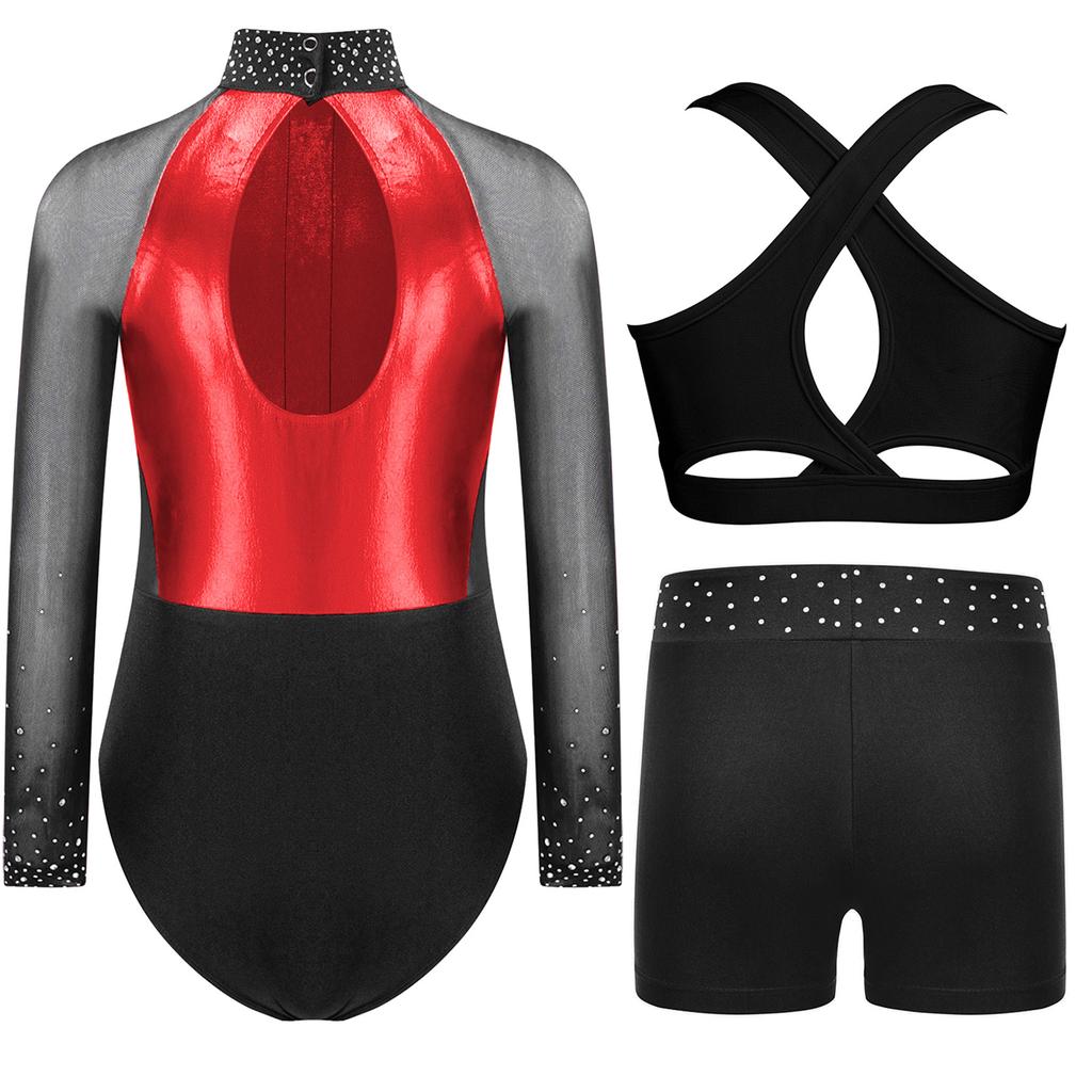 Mädchen Gymnastik Tanz Outfit Netz Langarm Strassstein Unitard Kreuzrücken Weste Bund Shorts