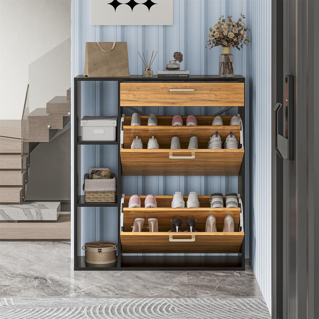 Wooden Shoe Cabinet With 2 Flip Drawers Pull Down Shoe Storage Organizer Cupboard For Entrance Area Hallway Living Rooms